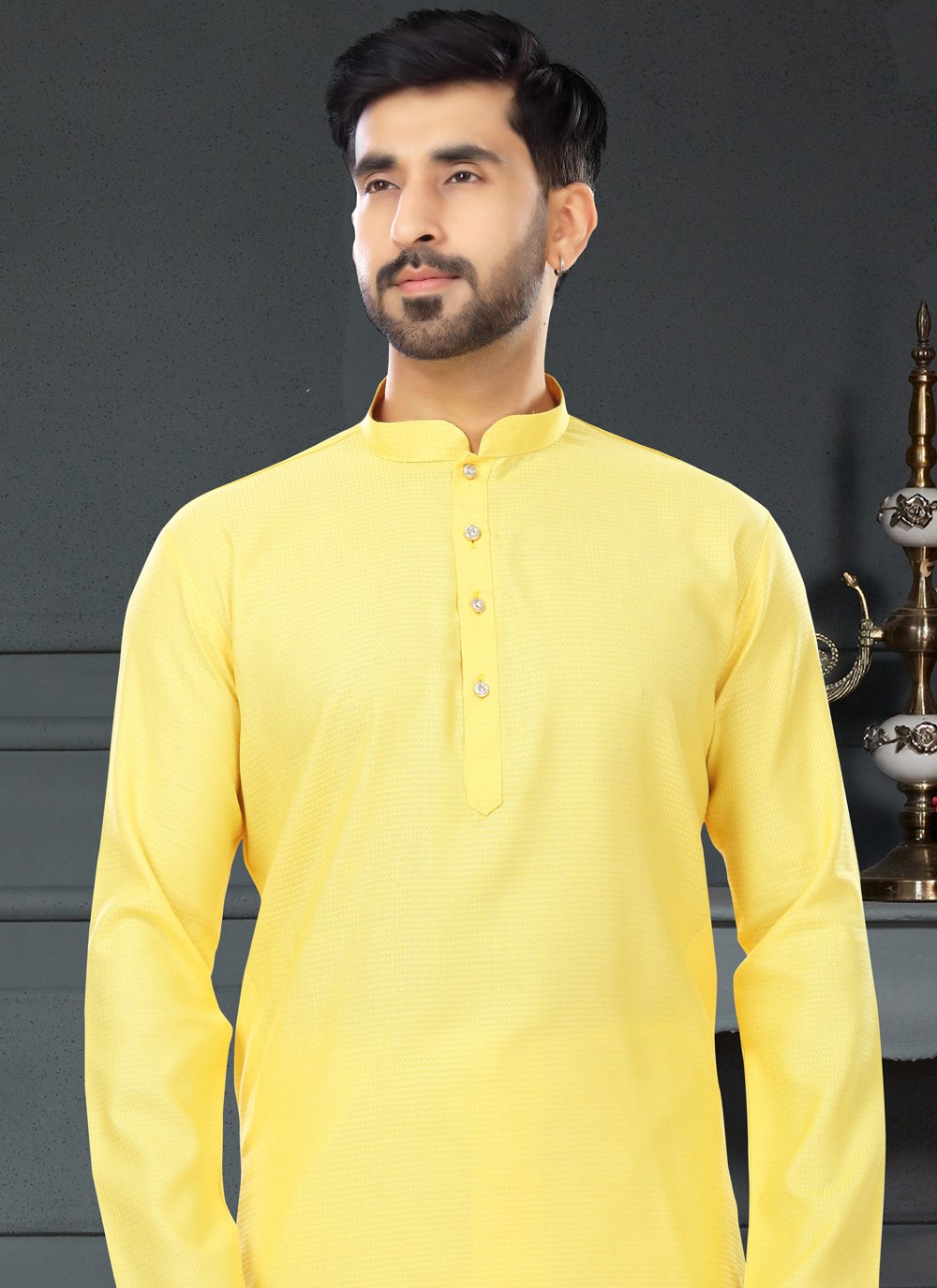 Kurta Pyjama Cotton Jacquard Yellow Plain Mens