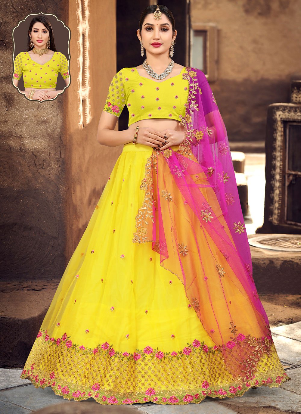 Lehenga Choli Organza Yellow Embroidered Lehenga Choli