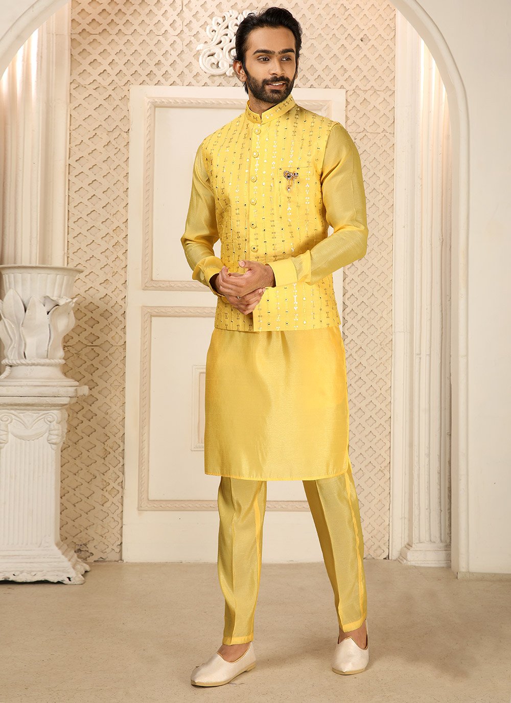 Kurta Payjama With Jacket Art Silk Yellow Embroidered Mens