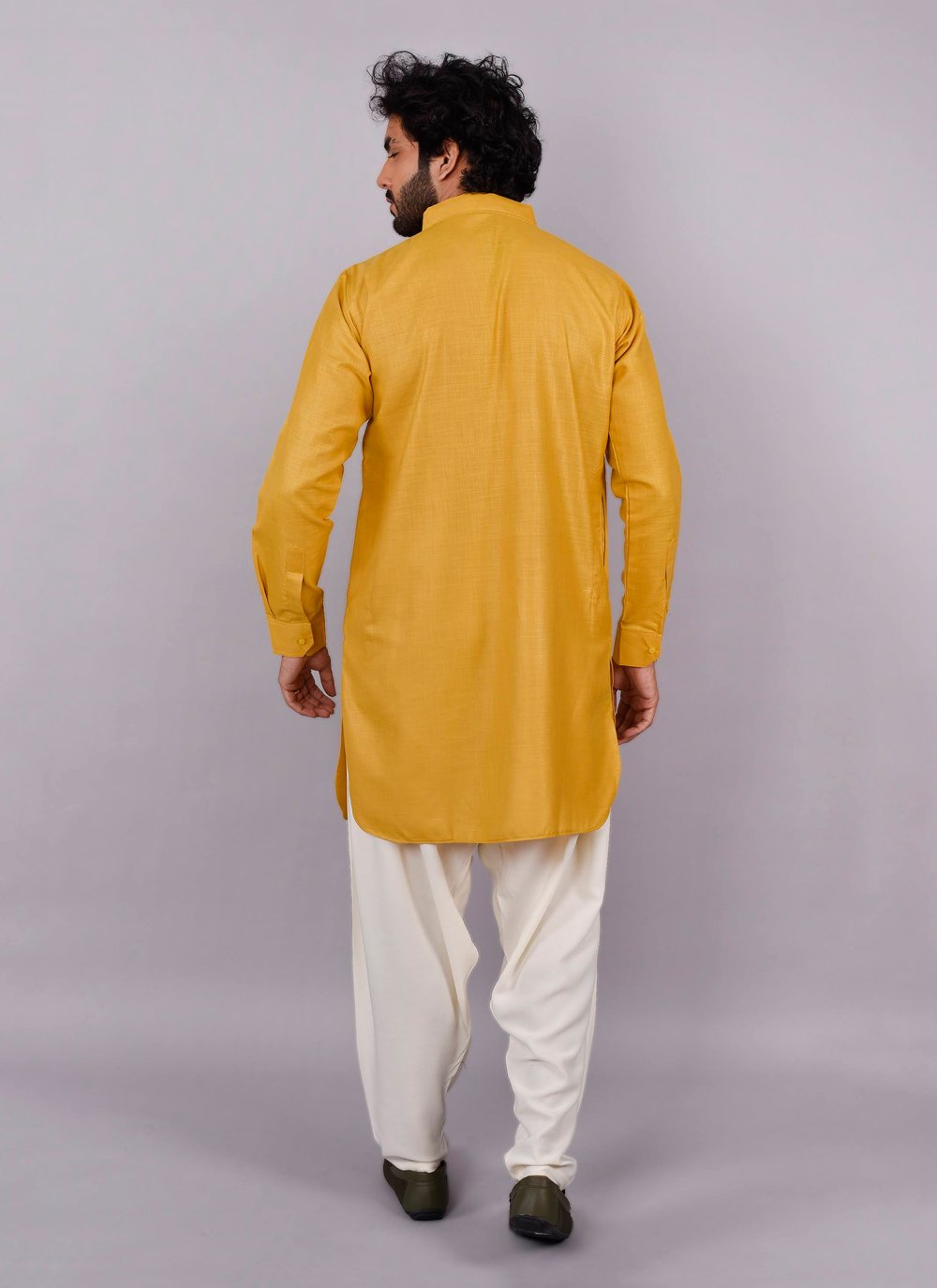 Kurta Pyjama Cotton Yellow Plain Mens