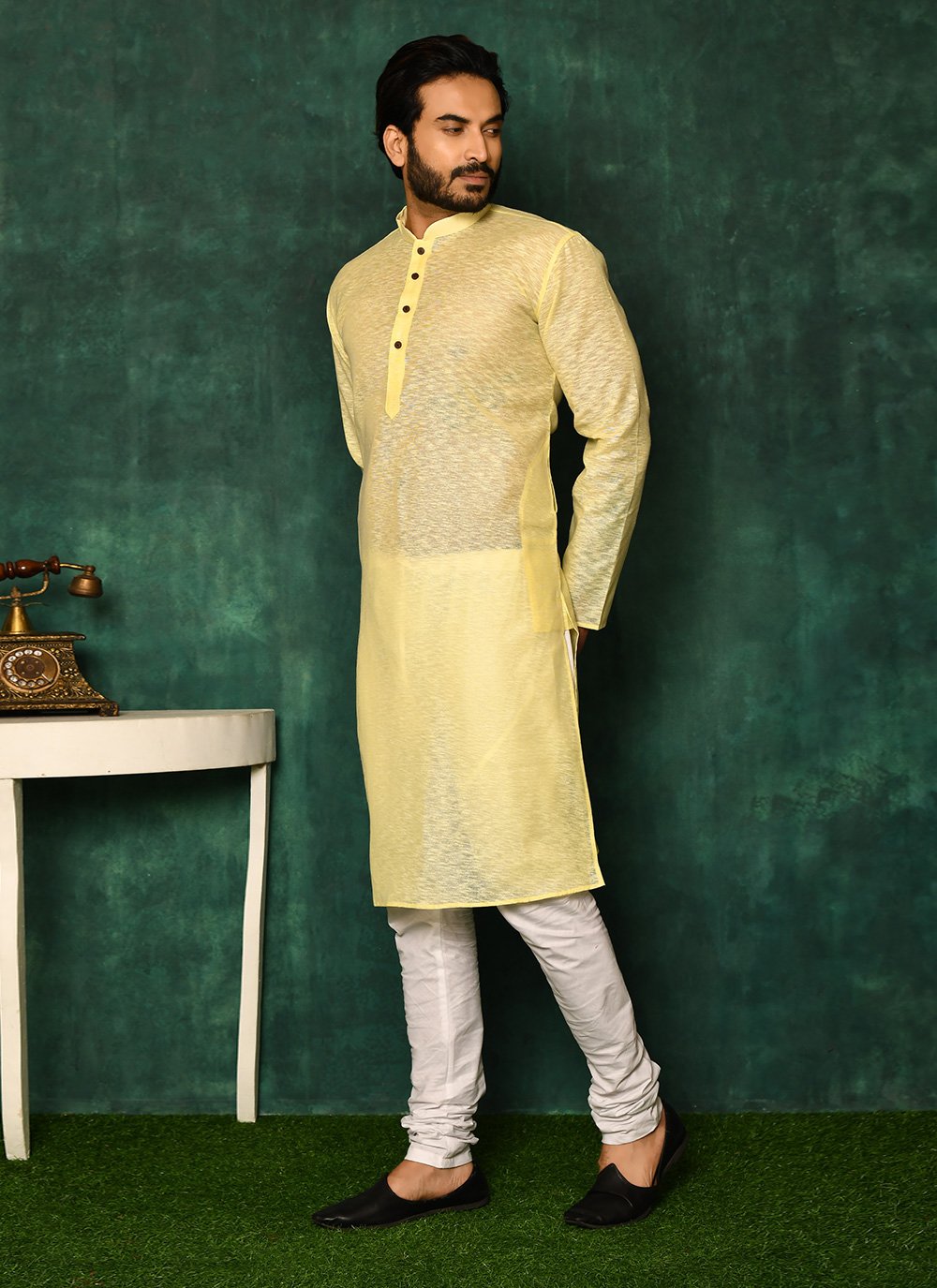 Kurta Pyjama Cotton Yellow Plain Mens