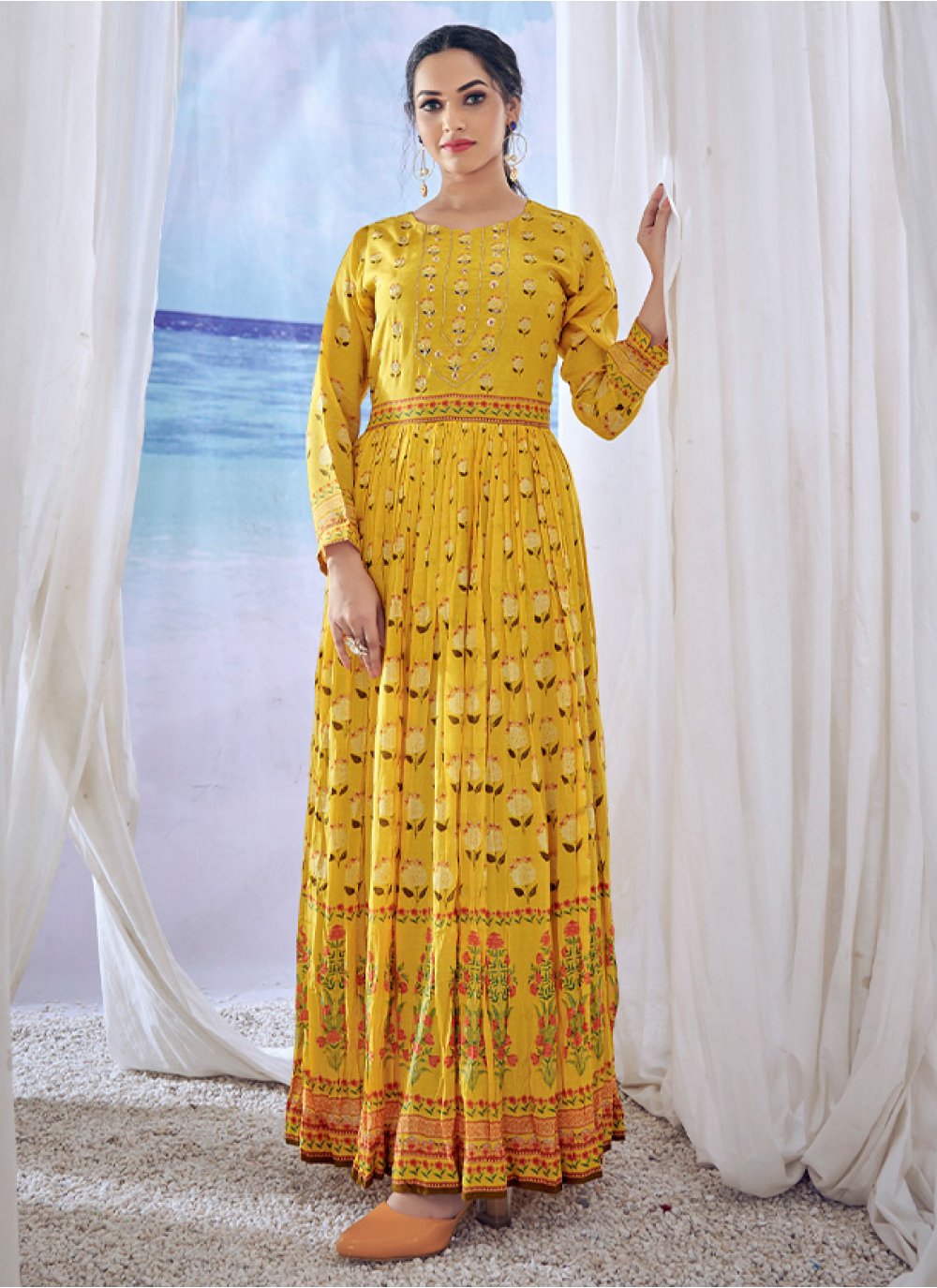 Gown Muslin Viscose Yellow Embroidered Gown