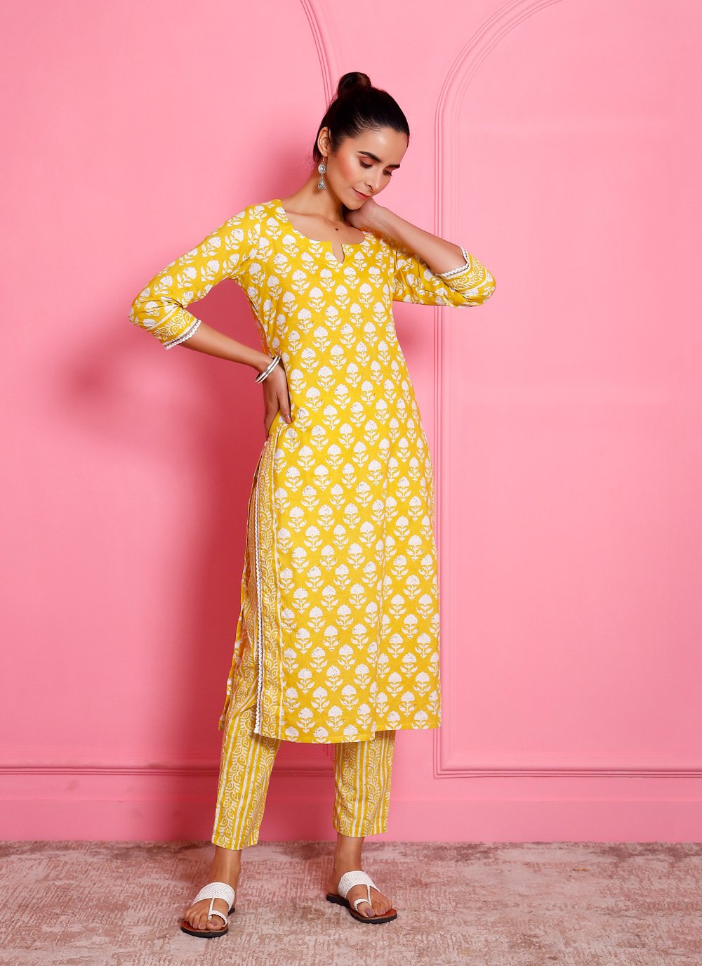 Pant Style Suit Cotton Yellow Print Salwar Kameez