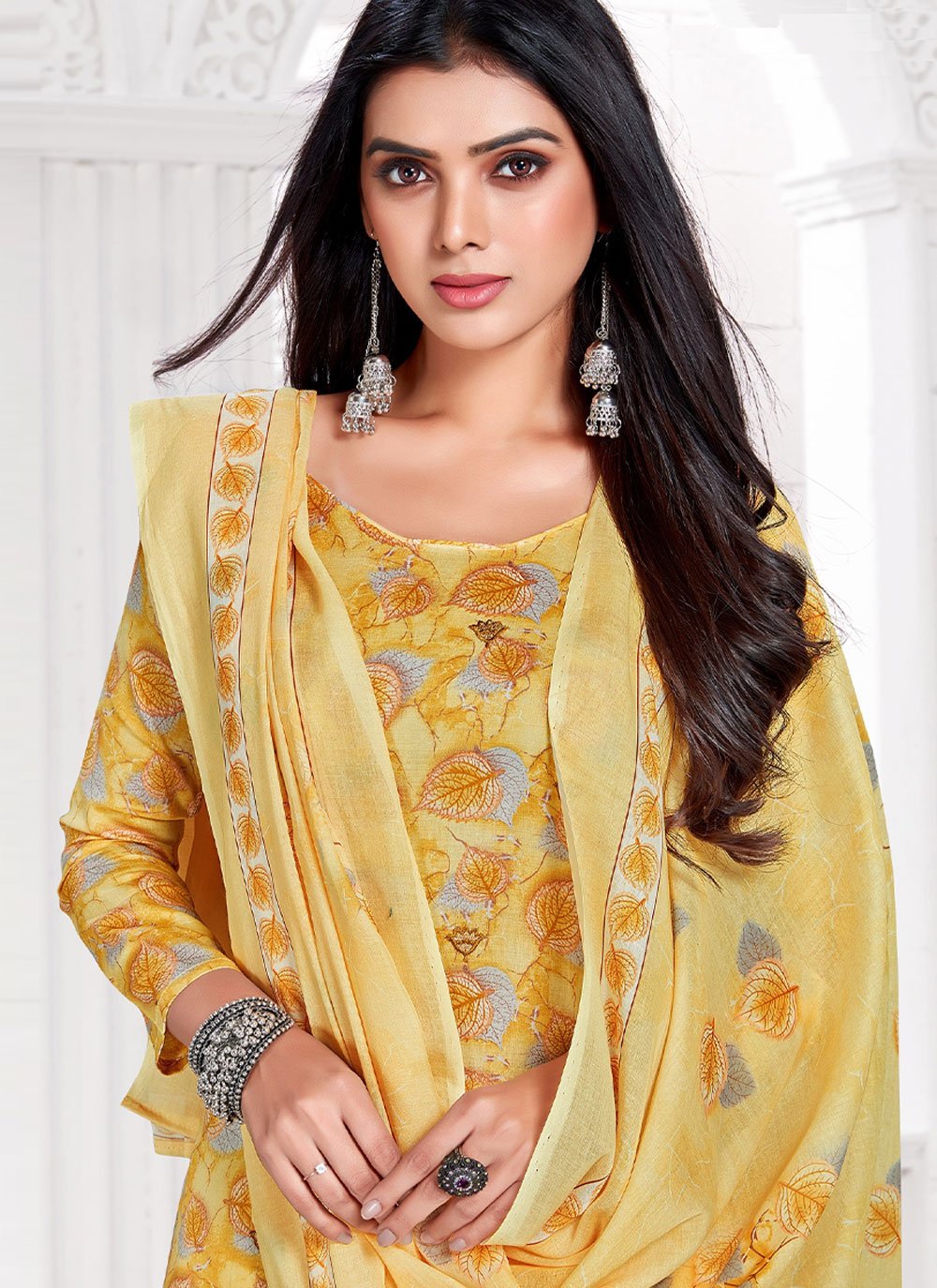 Pant Style Suit Cotton Satin Yellow Print Salwar Kameez