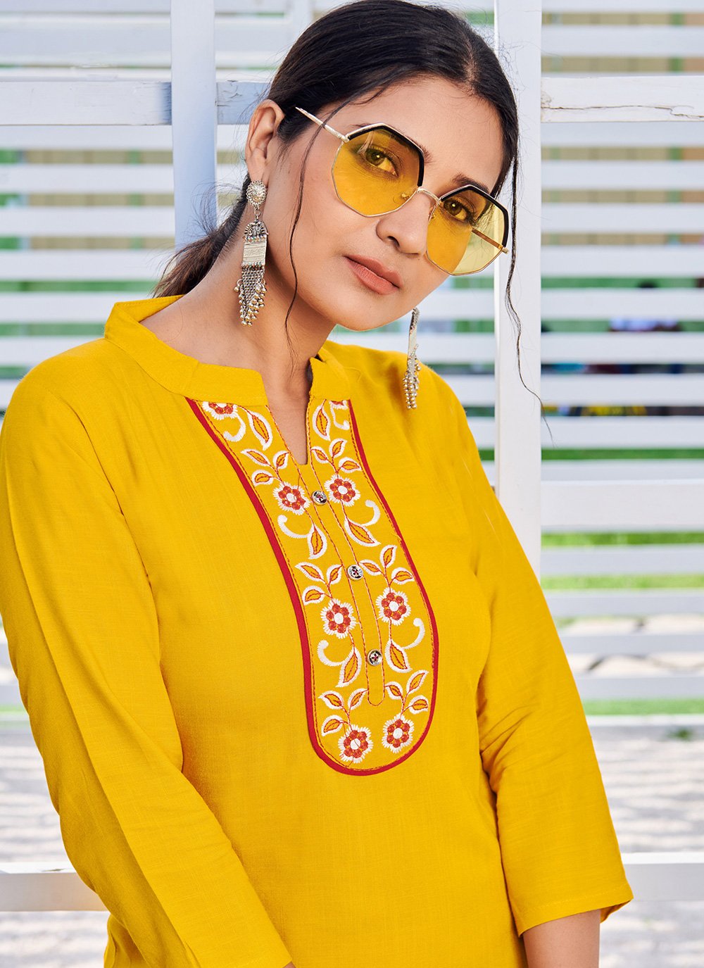 Casual Kurti Designer Rayon Yellow Embroidered Kurtis