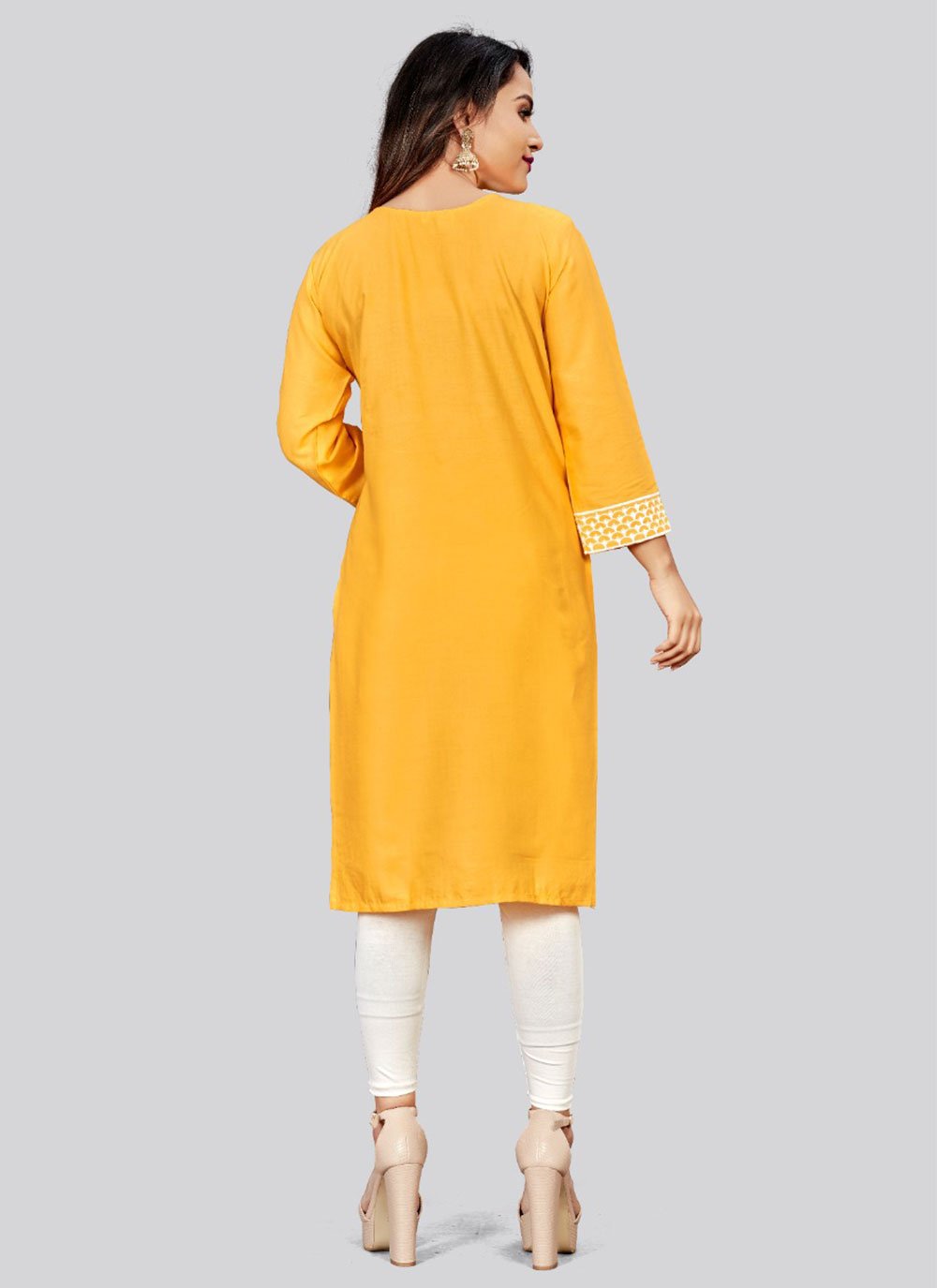 Designer Kurti Rayon Yellow Embroidered Kurtis