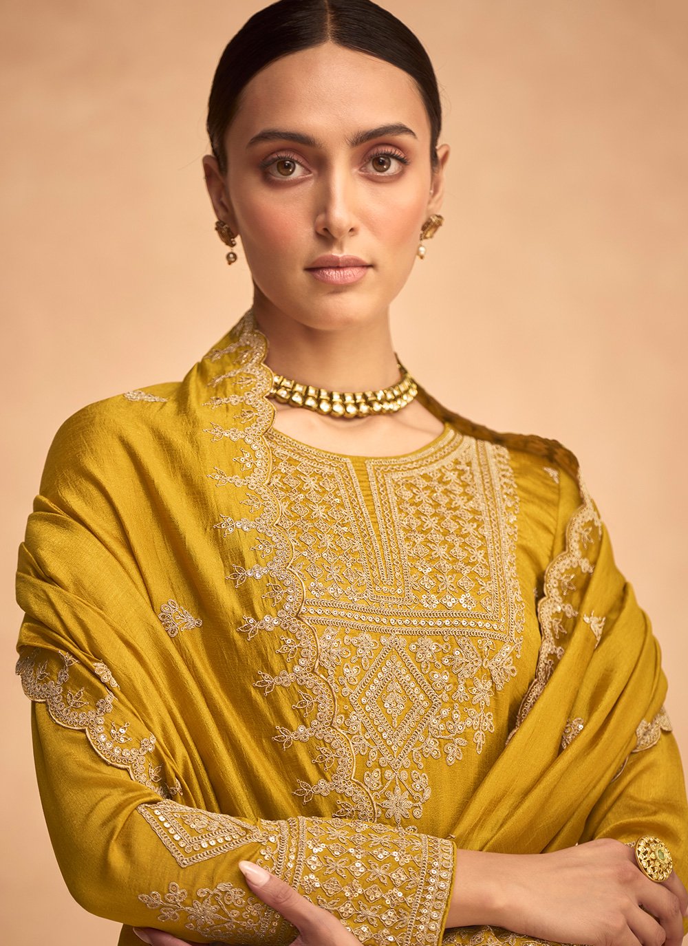 Pakistani Salwar Suit Silk Yellow Embroidered Salwar Kameez