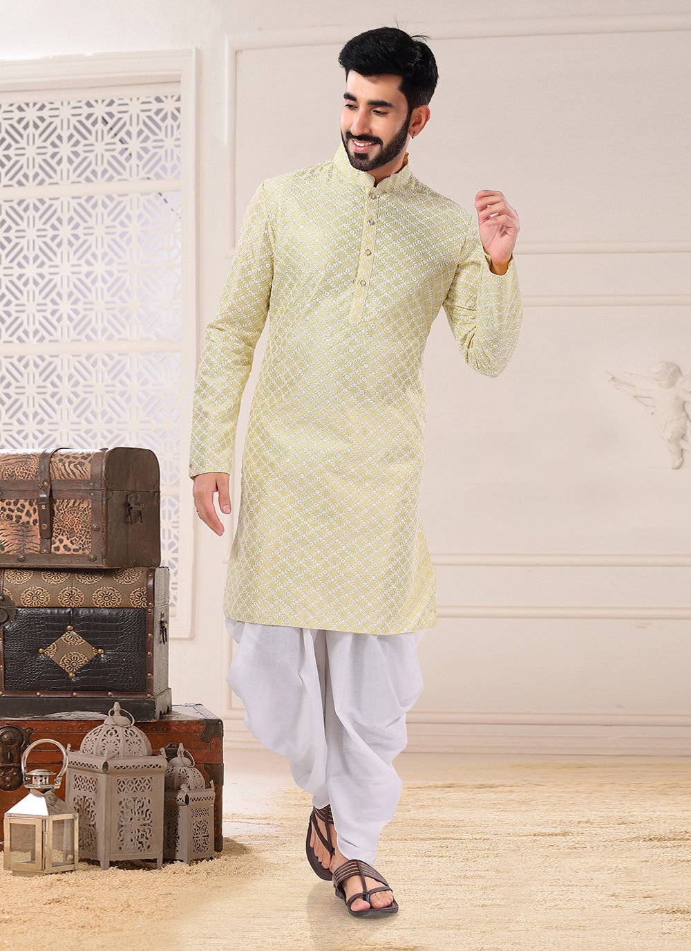Dhoti Kurta Silk Yellow Embroidered Mens