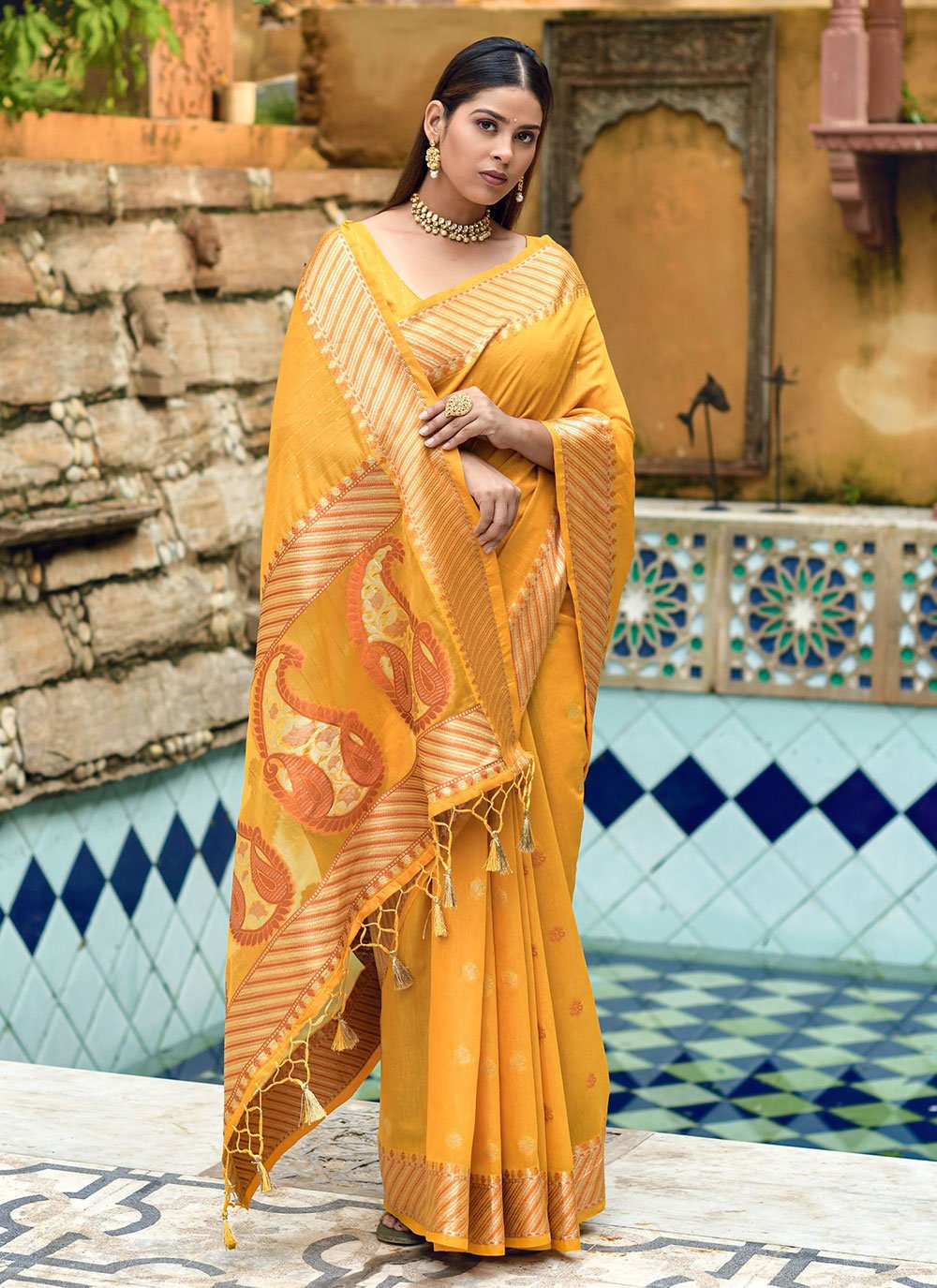 Traditional Saree Cotton Silk Yellow Weaving Saree