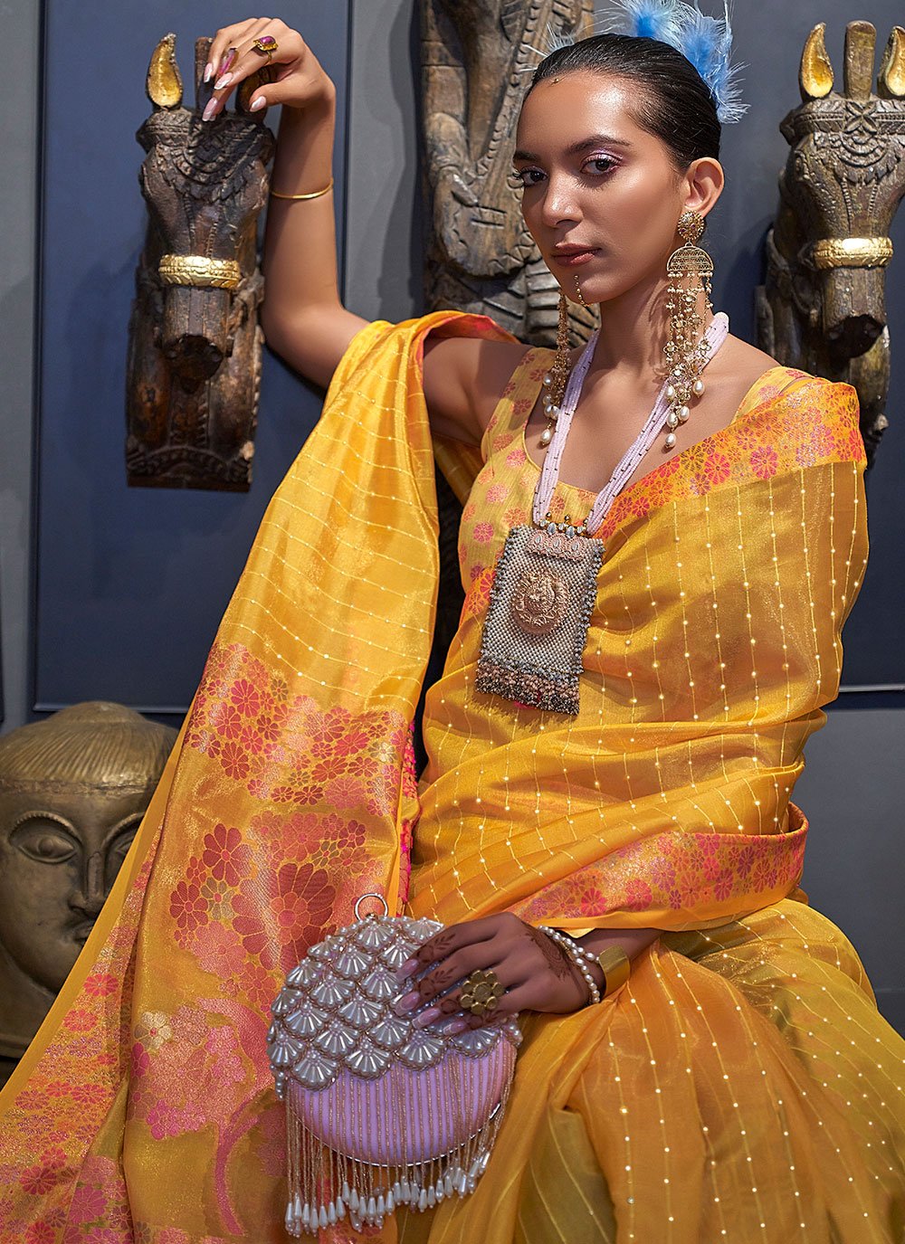 Trendy Saree Organza Yellow Weaving Saree