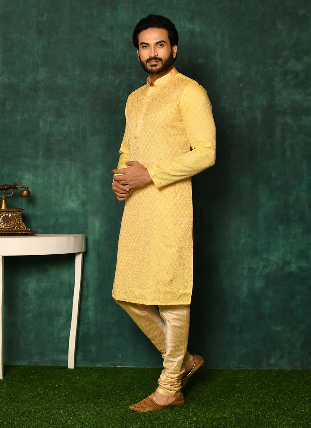 Kurta Pyjama Art Silk Yellow Woven Mens