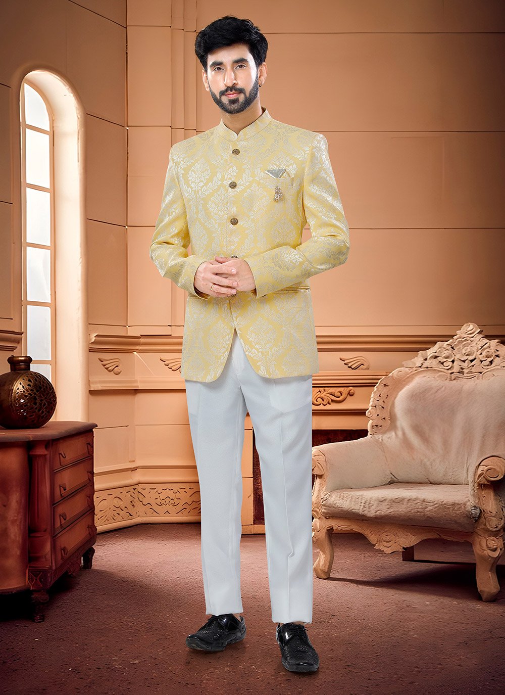 Jodhpuri Suit Jacquard Yellow Woven Mens – Kajols Indian
