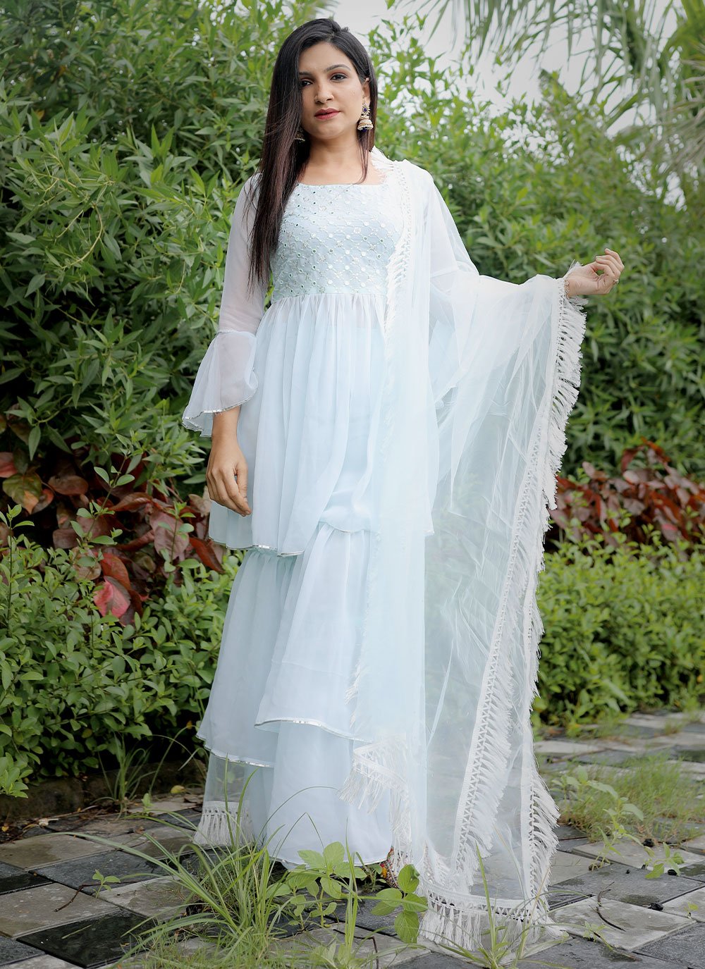 Trendy Suit Faux Georgette Aqua Blue Embroidered Salwar Kameez