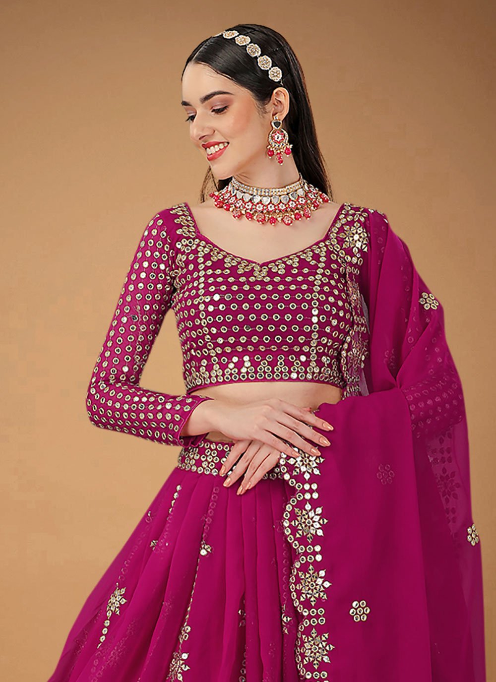 A Line Lehenga Faux Georgette Rani Embroidered Lehenga Choli