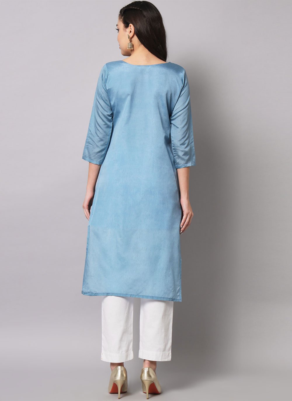 Casual Kurti Cotton Silk Aqua Blue Jacquard Work Kurtis