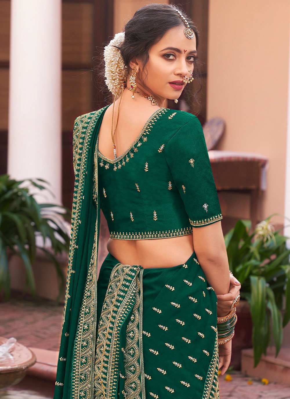 Contemporary Vichitra Silk Green Embroidered Saree