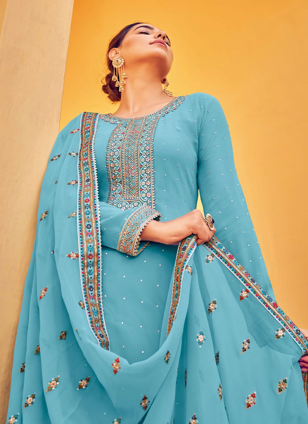 Pakistani Salwar Suit Georgette Turquoise Diamond Salwar Kameez