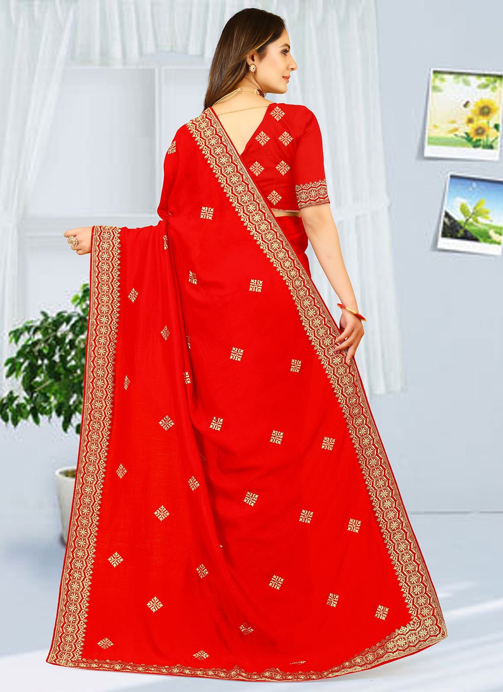 Classic Georgette Red Embroidered Saree