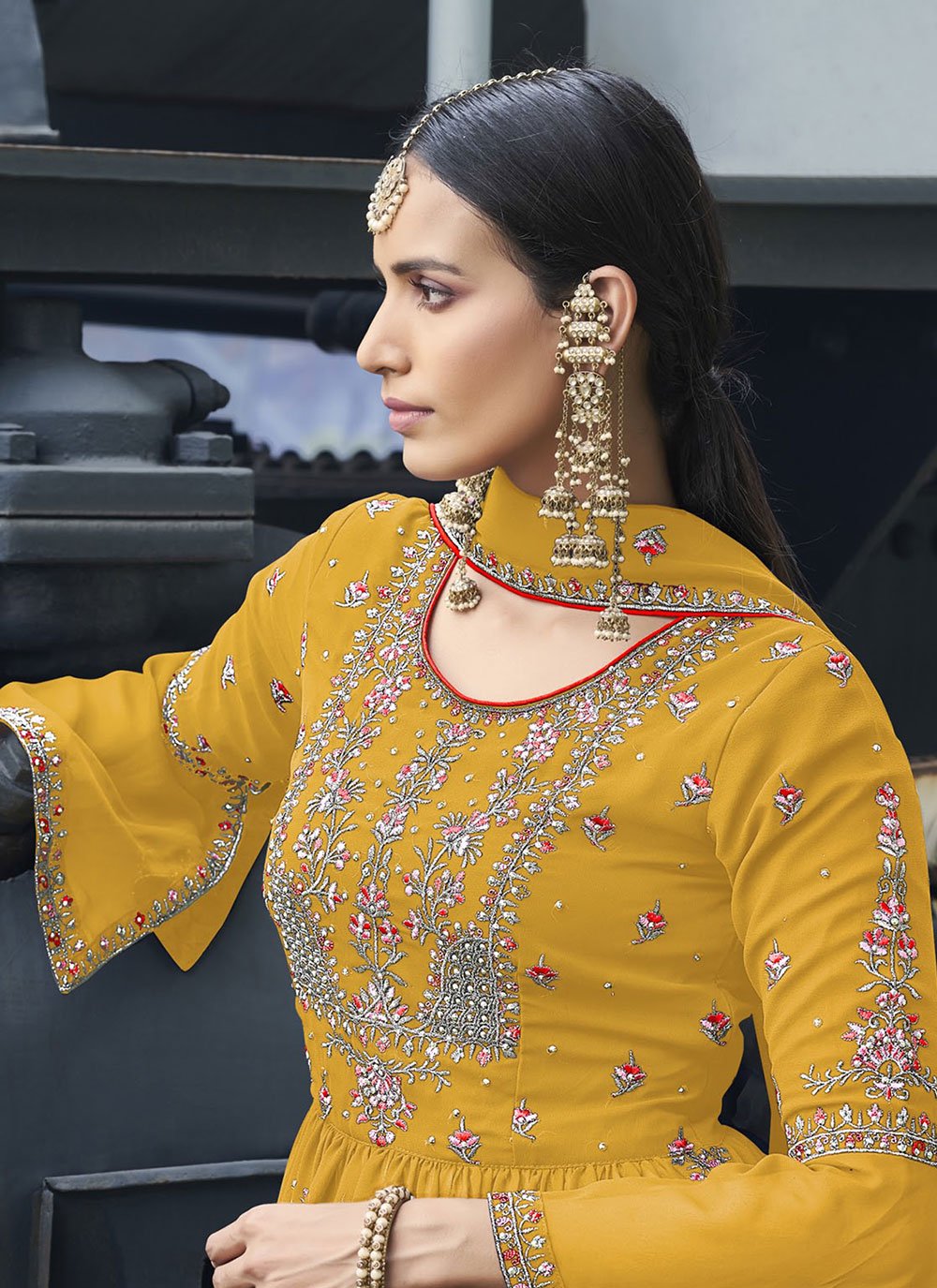 Palazzo Salwar Suit Georgette Mustard Embroidered Salwar Kameez