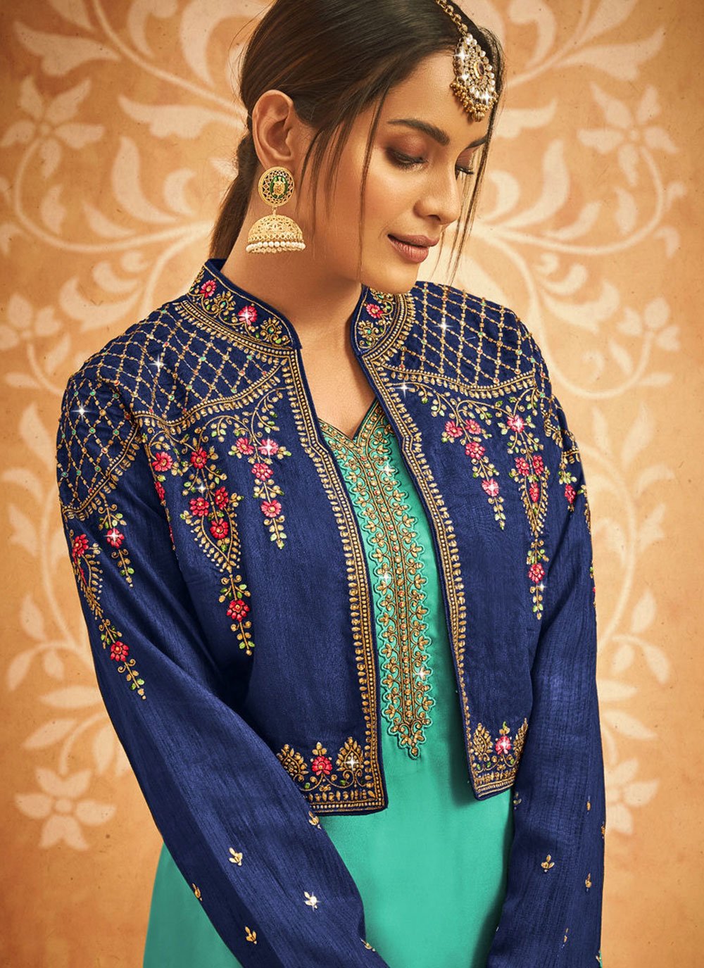 Lehenga Choli Georgette Satin Turquoise Embroidered Lehenga Choli