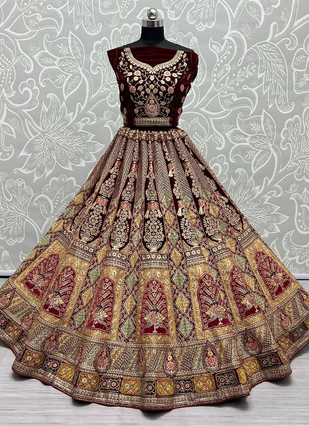 Lehenga Choli Velvet Maroon Dori Work Lehenga Choli