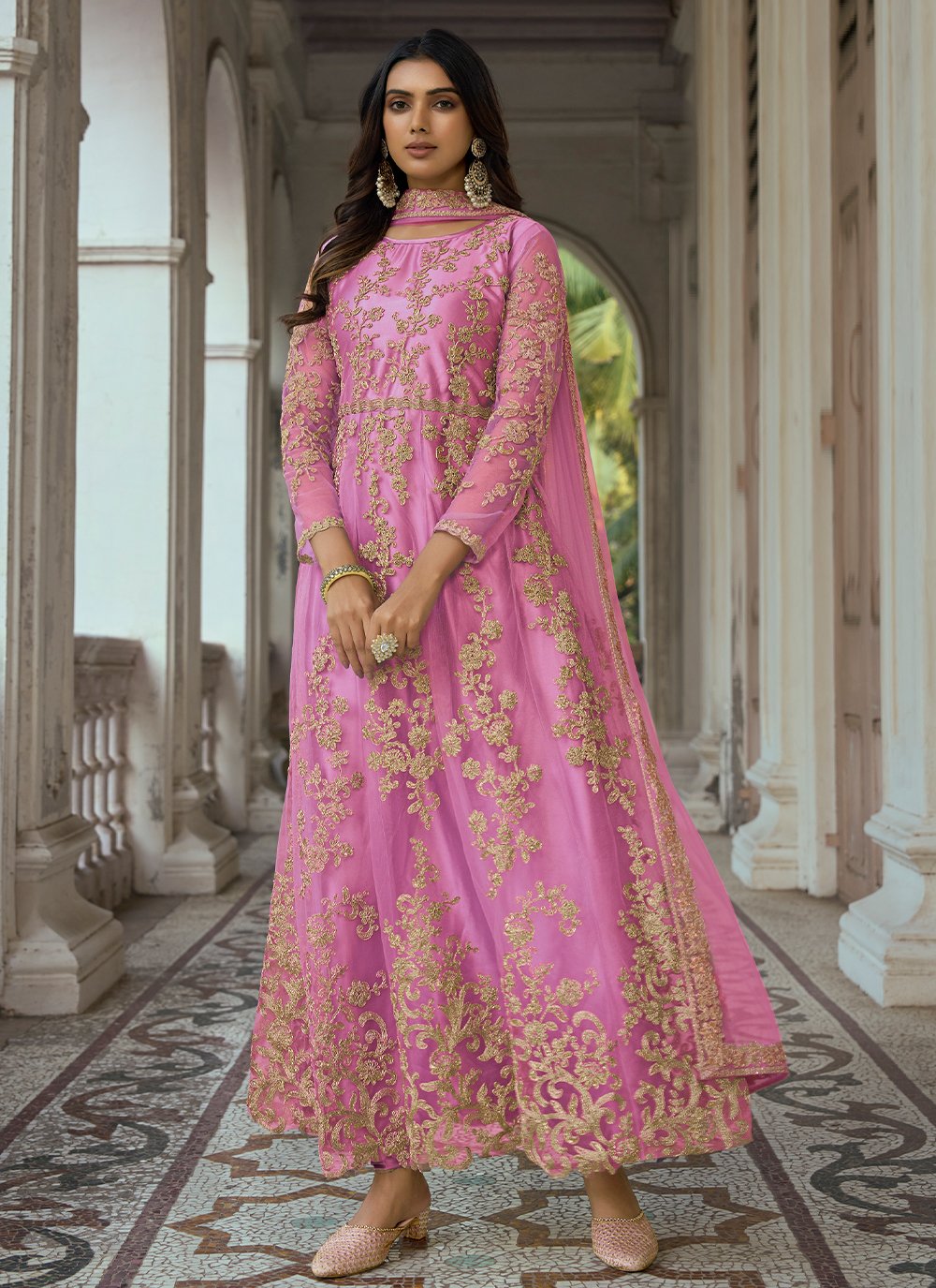 Salwar Suit Net Pink Embroidered Salwar Kameez