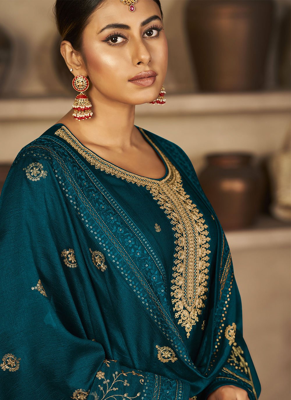 Straight Salwar Suit Vichitra Silk Morpeach Cord Work Salwar Kameez