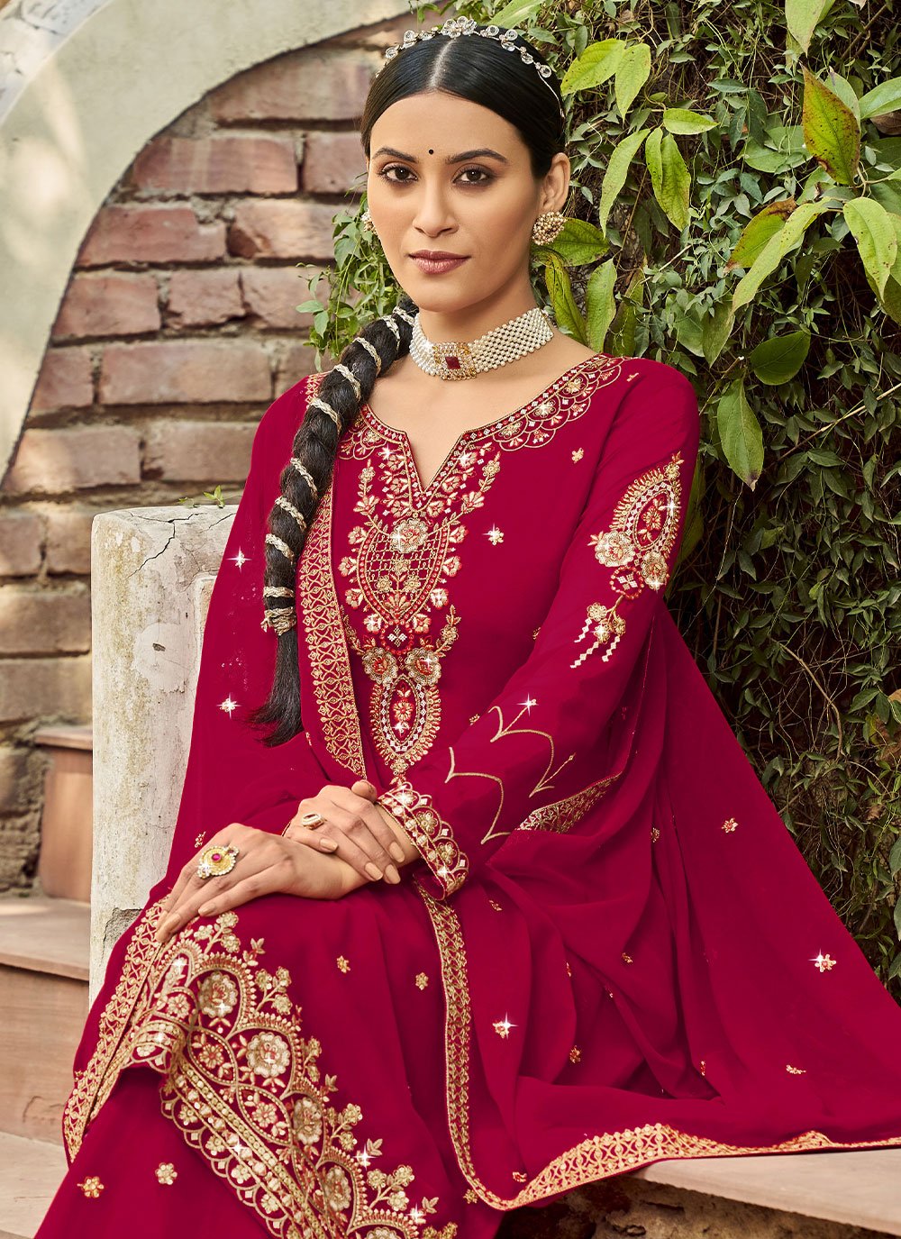 Trendy Suit Georgette Satin Pink Rani Diamond Salwar Kameez