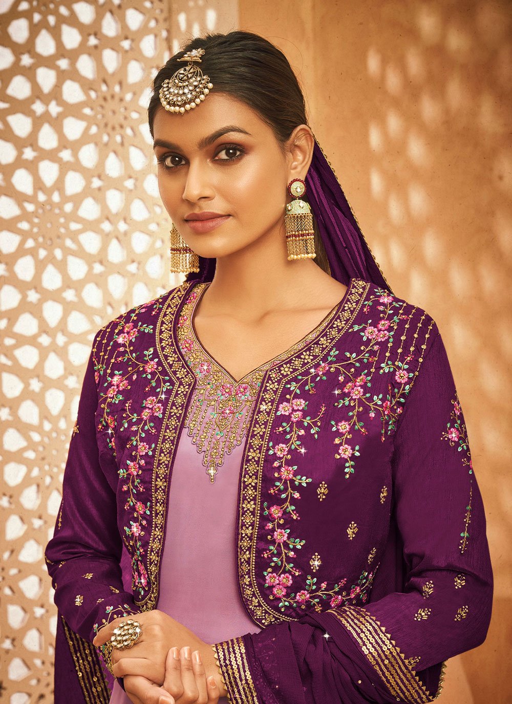 Lehenga Choli Georgette Satin Purple Embroidered Lehenga Choli