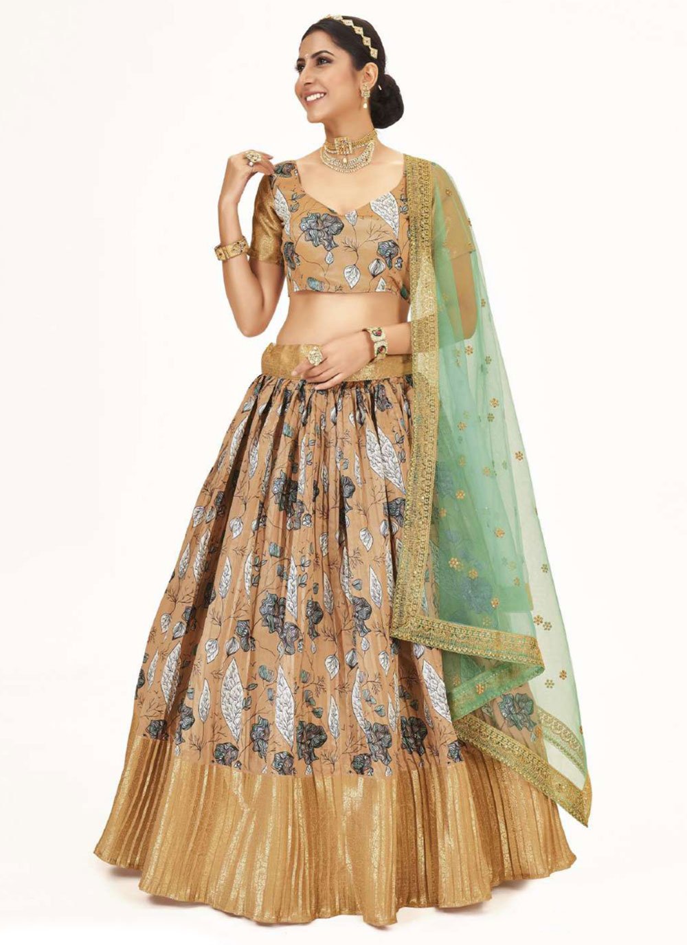 A Line Lehenga Silk Khaki Digital Print Lehenga Choli