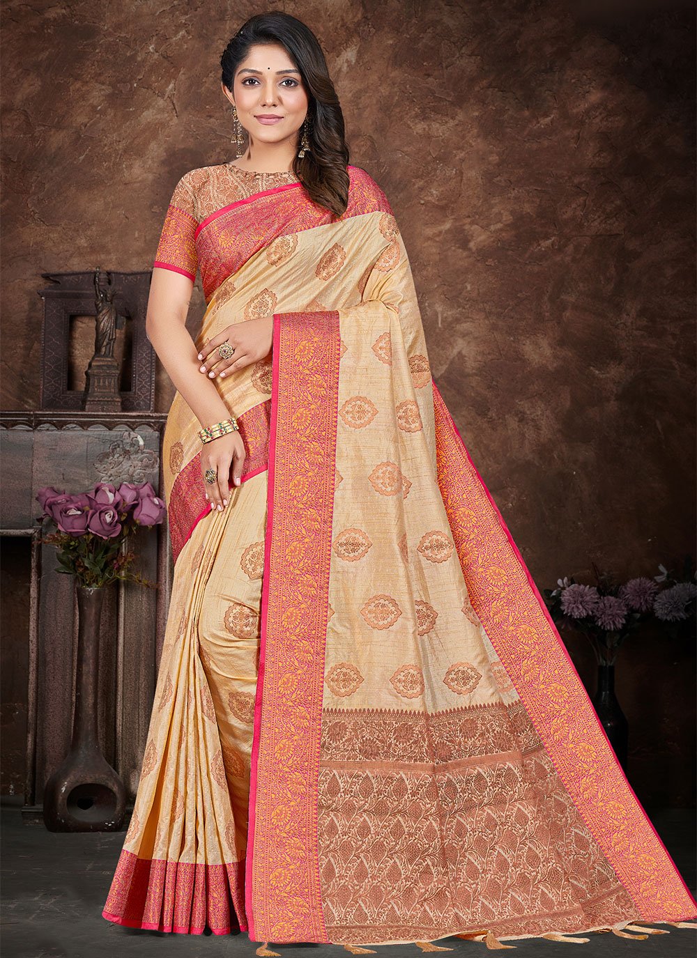 Contemporary Silk Cream Zari Saree