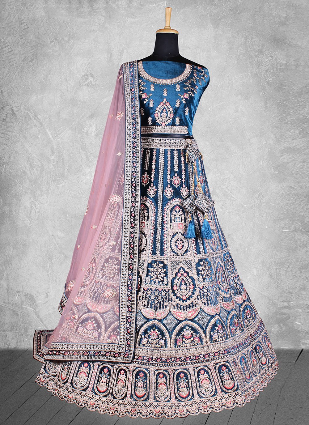Lehenga Choli Velvet Morpeach Embroidered Lehenga Choli