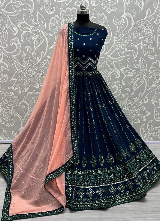 A Line Lehenga Georgette Blue Embroidered Lehenga Choli