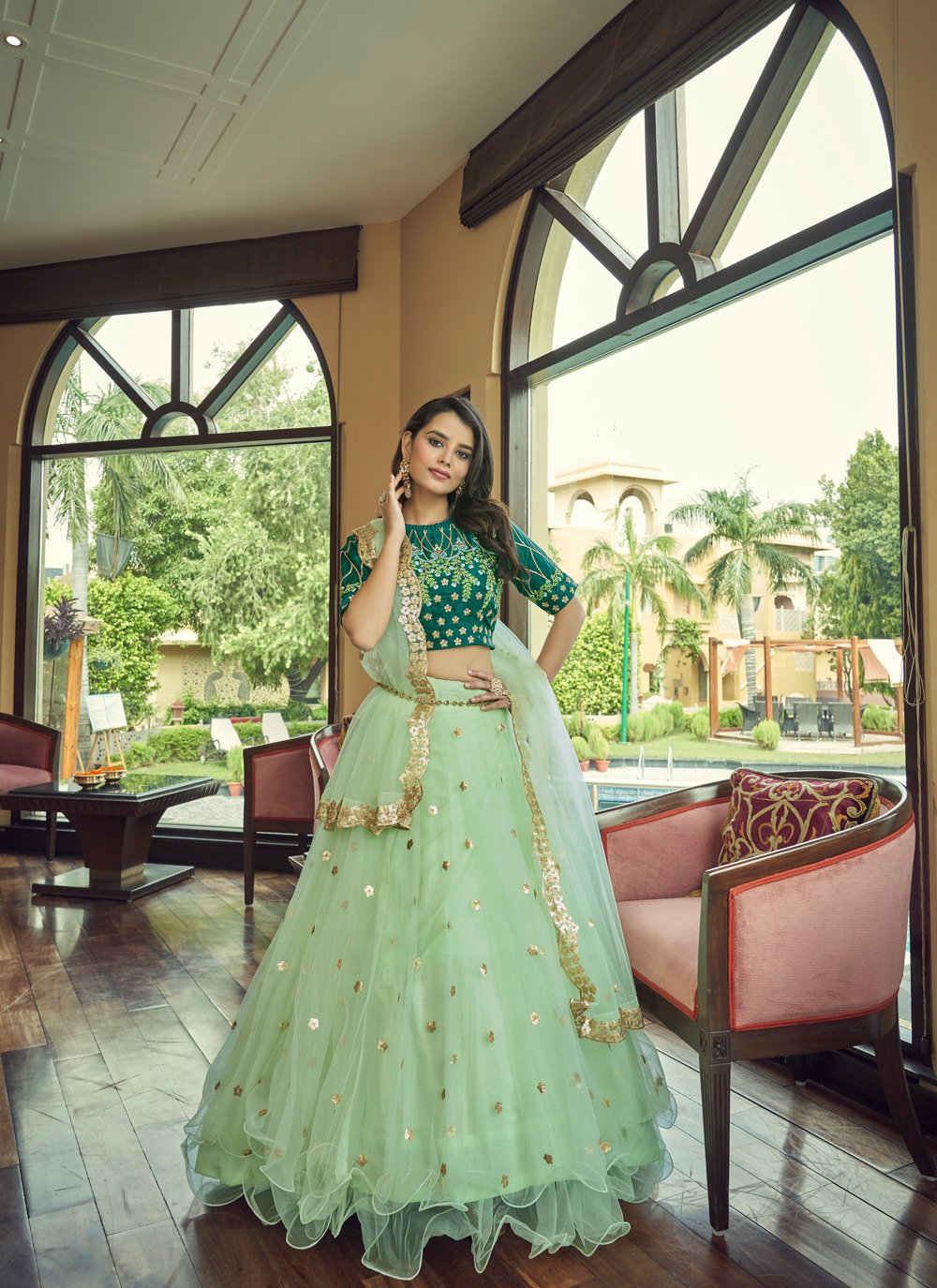 A Line Lehenga Net Green Embroidered Lehenga Choli