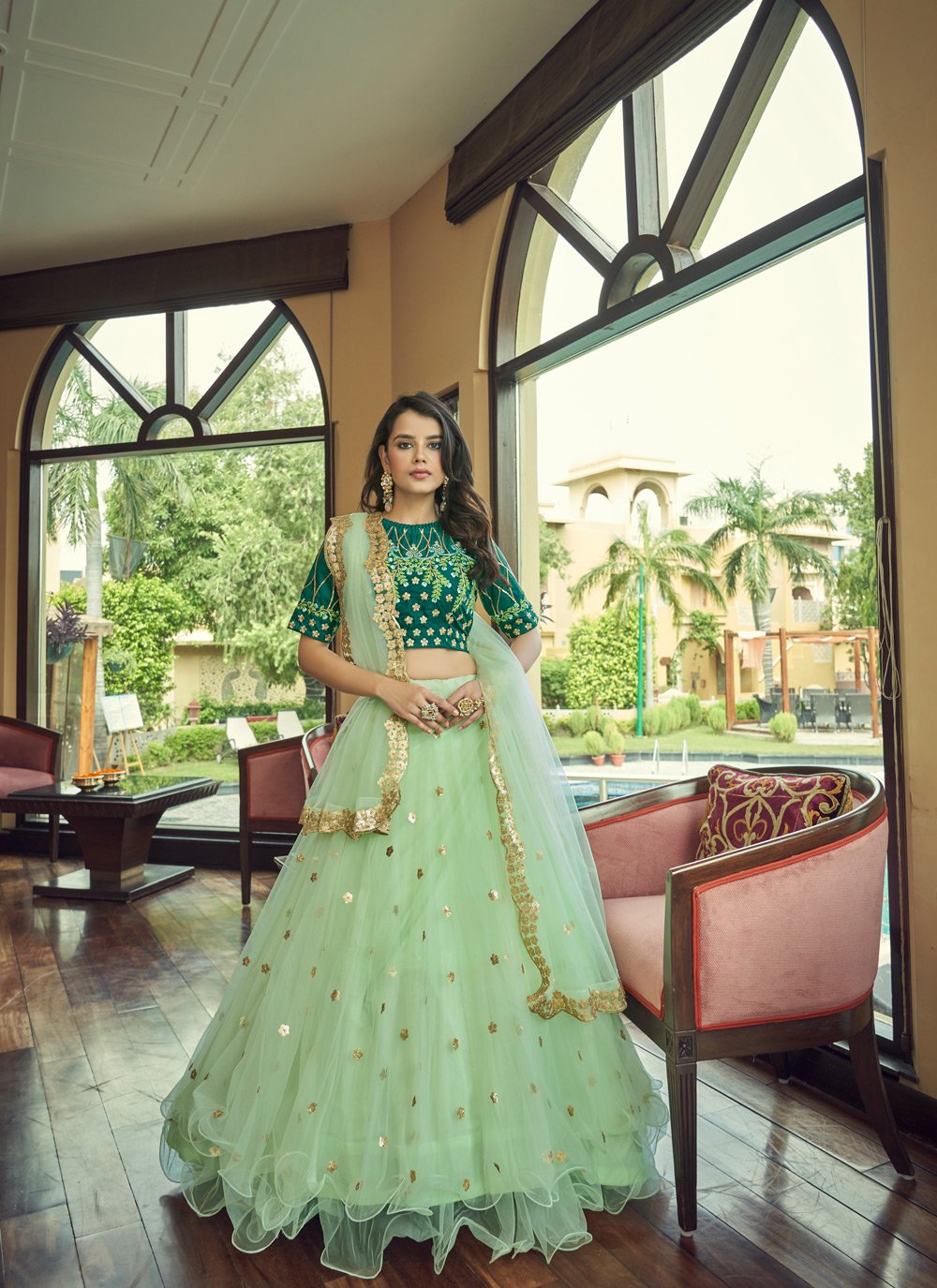 A Line Lehenga Net Green Embroidered Lehenga Choli