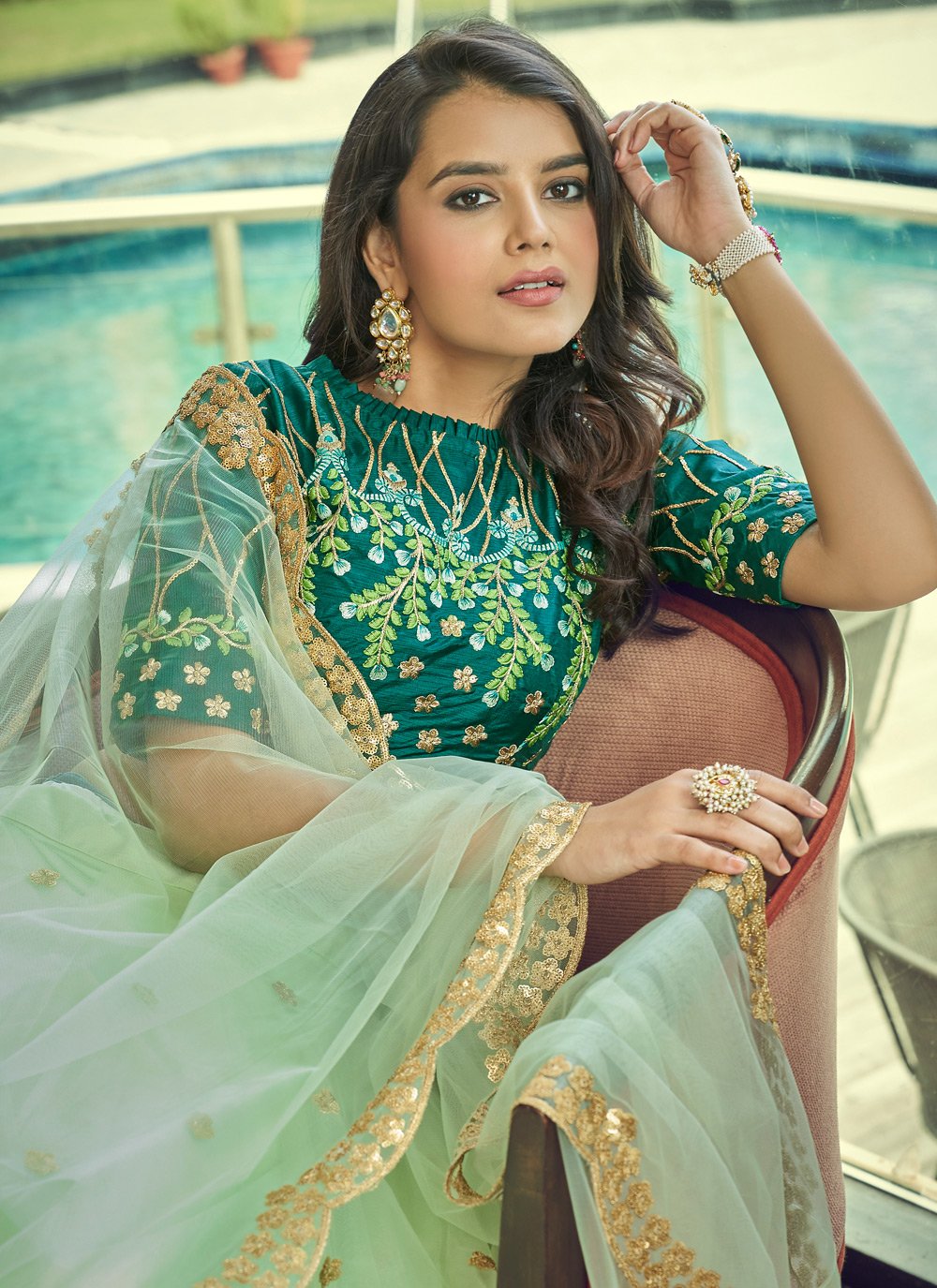 A Line Lehenga Net Green Embroidered Lehenga Choli