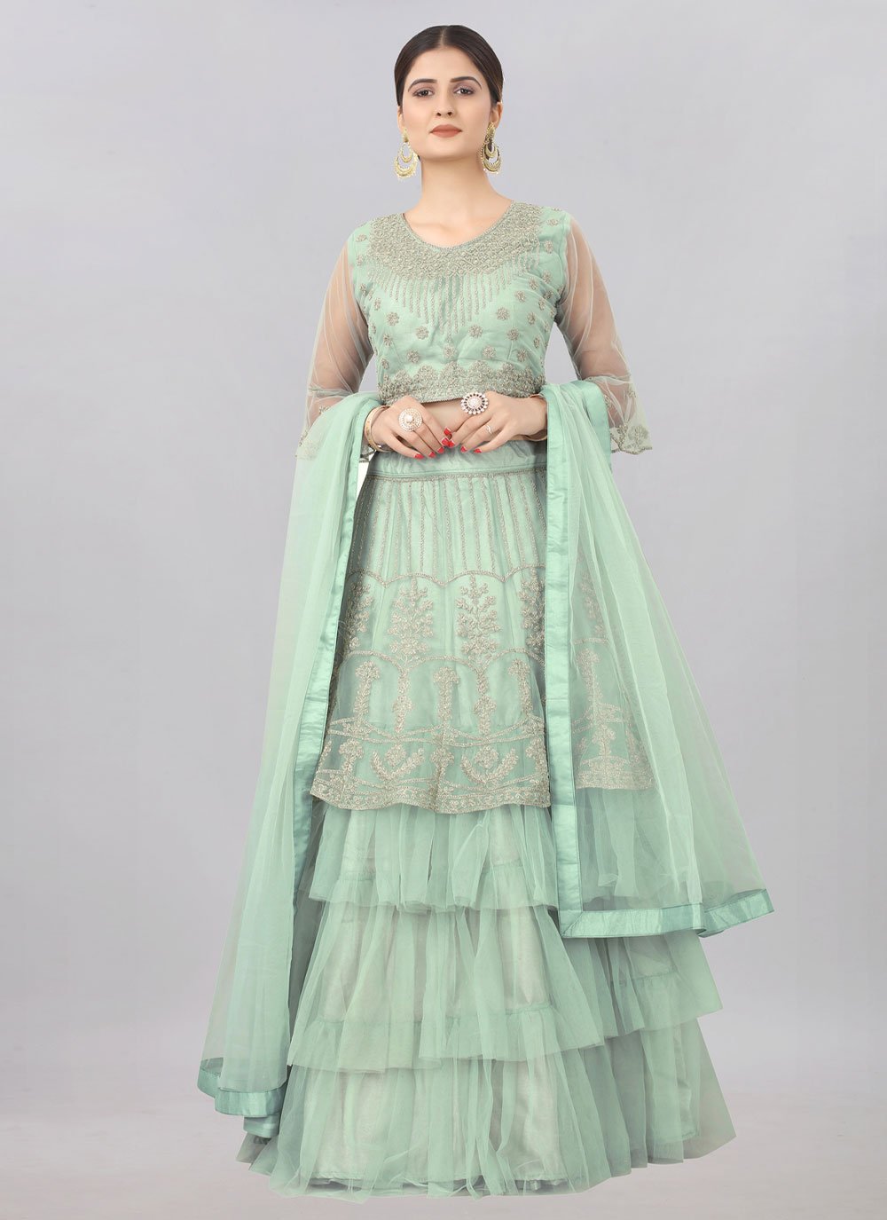 A Line Lehenga Net Green Embroidered Lehenga Choli