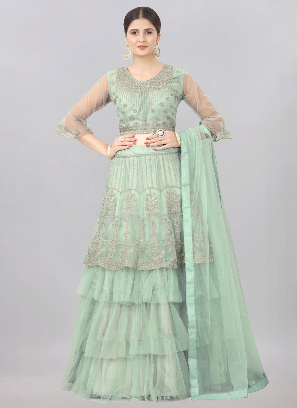 A Line Lehenga Net Green Embroidered Lehenga Choli