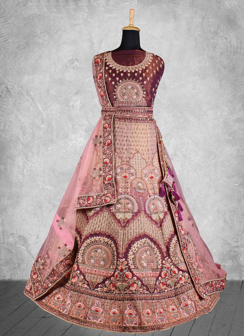 A Line Lehenga Velvet Wine Embroidered Lehenga Choli