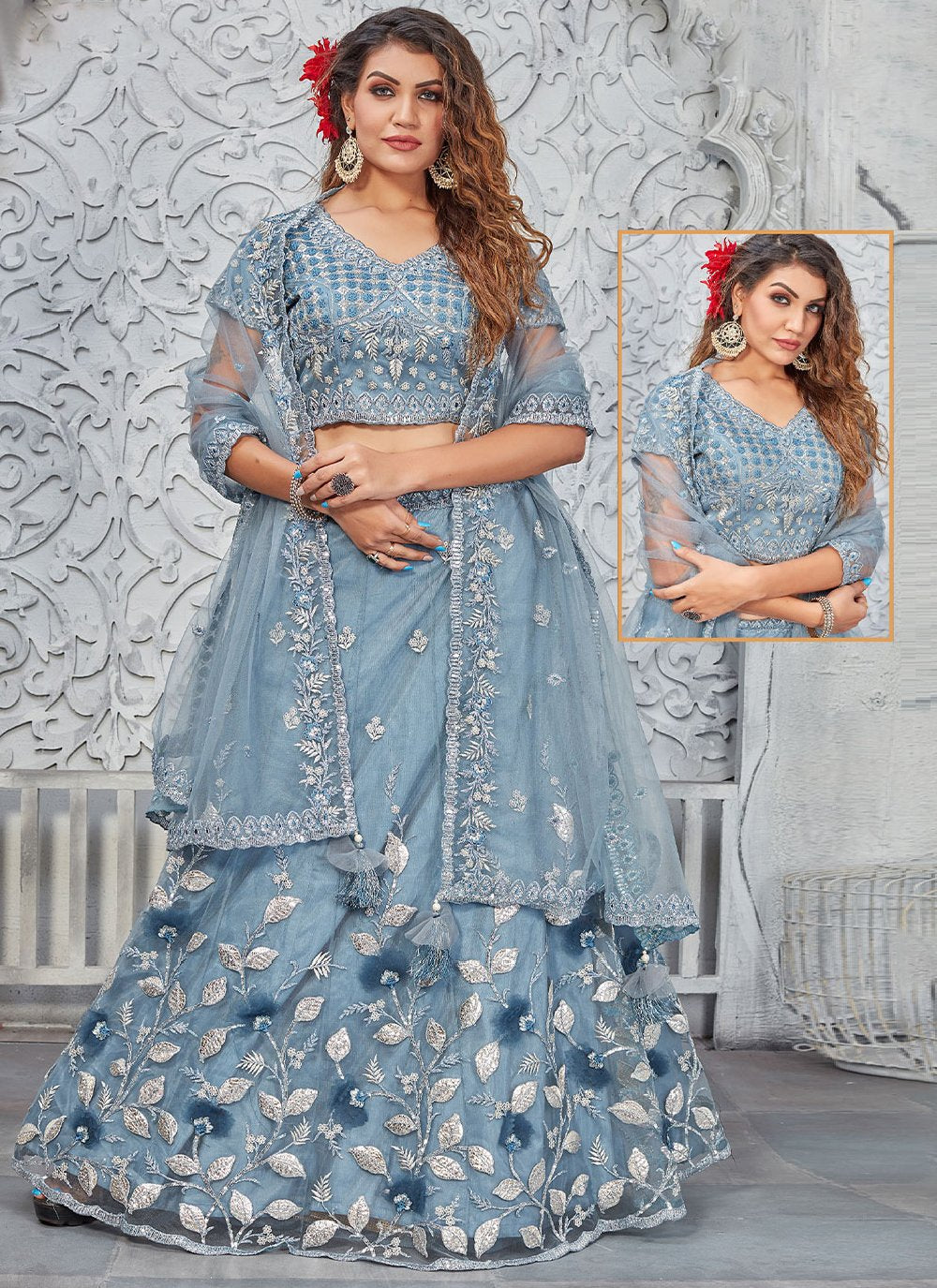 A Line Lehenga Net Blue Embroidered Lehenga Choli