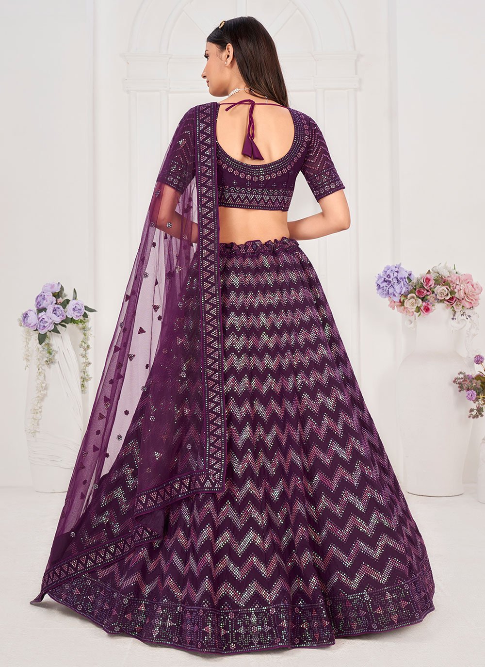 A Line Lehenga Georgette Purple Embroidered Lehenga Choli