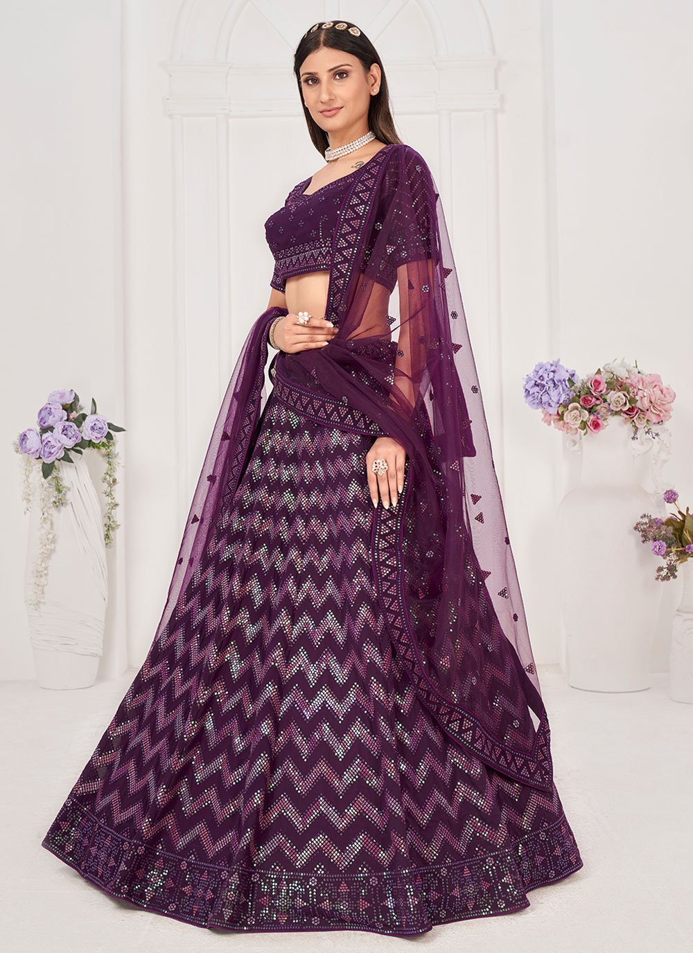 A Line Lehenga Georgette Purple Embroidered Lehenga Choli