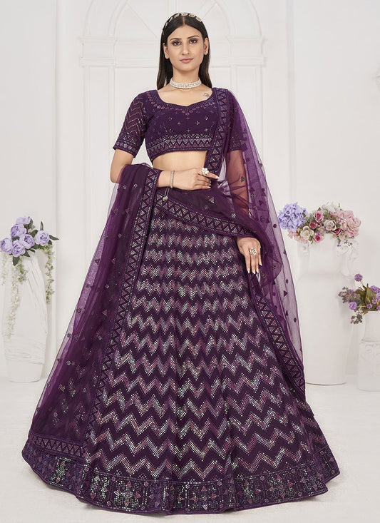 A Line Lehenga Georgette Purple Embroidered Lehenga Choli