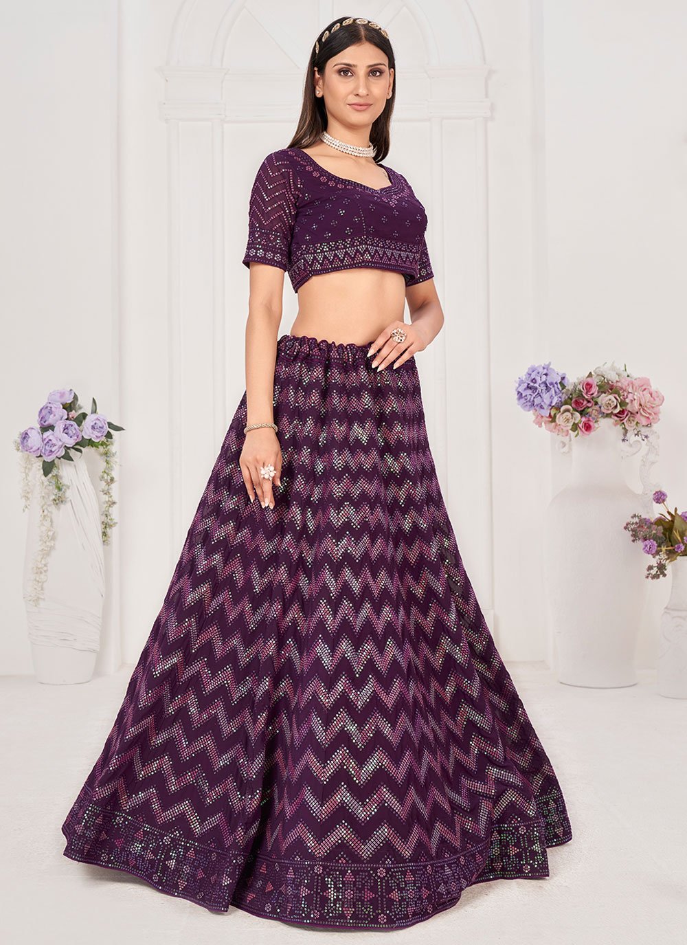 A Line Lehenga Georgette Purple Embroidered Lehenga Choli