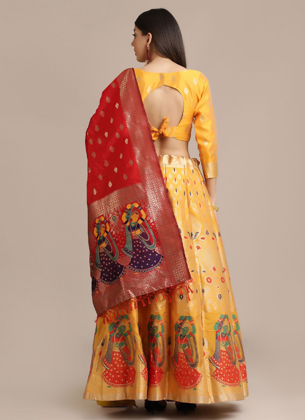 A Line Lehenga Jacquard Yellow Woven Lehenga Choli