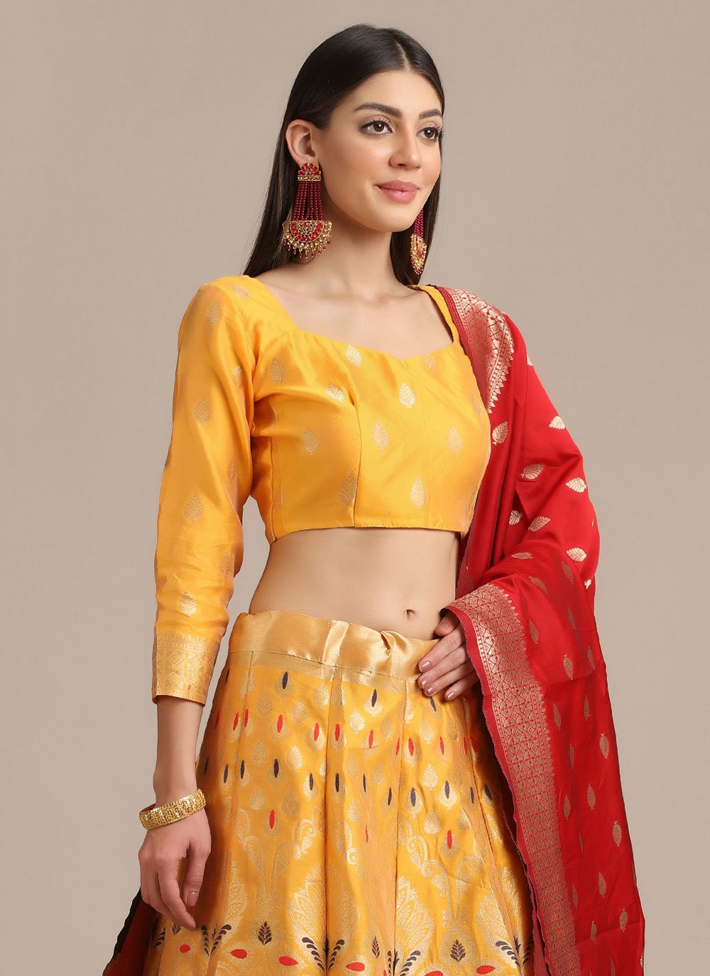 A Line Lehenga Jacquard Yellow Woven Lehenga Choli