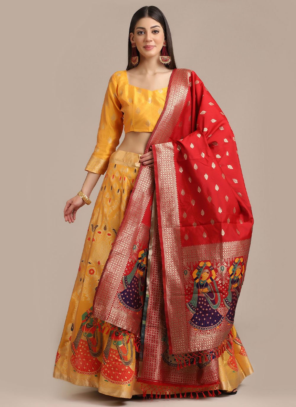 A Line Lehenga Jacquard Yellow Woven Lehenga Choli