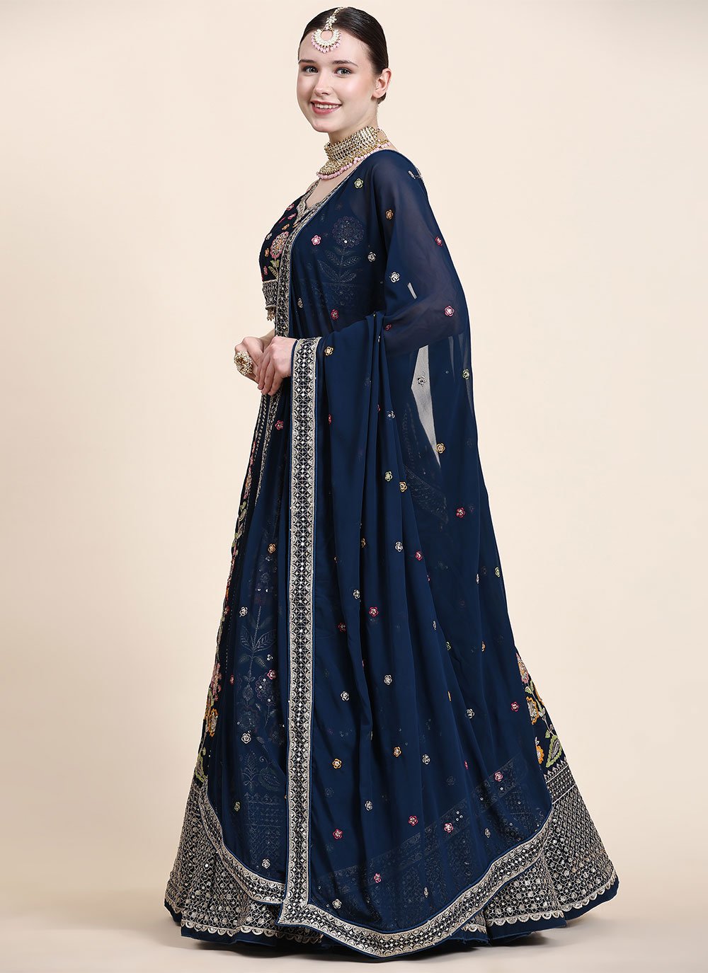 A Line Lehenga Georgette Blue Multi Lehenga Choli