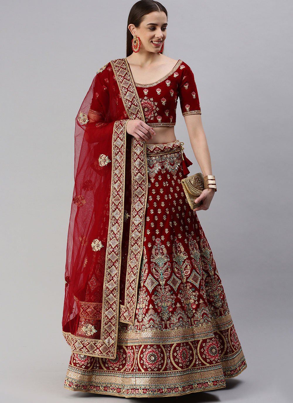 A Line Lehenga Velvet Maroon Embroidered Lehenga Choli