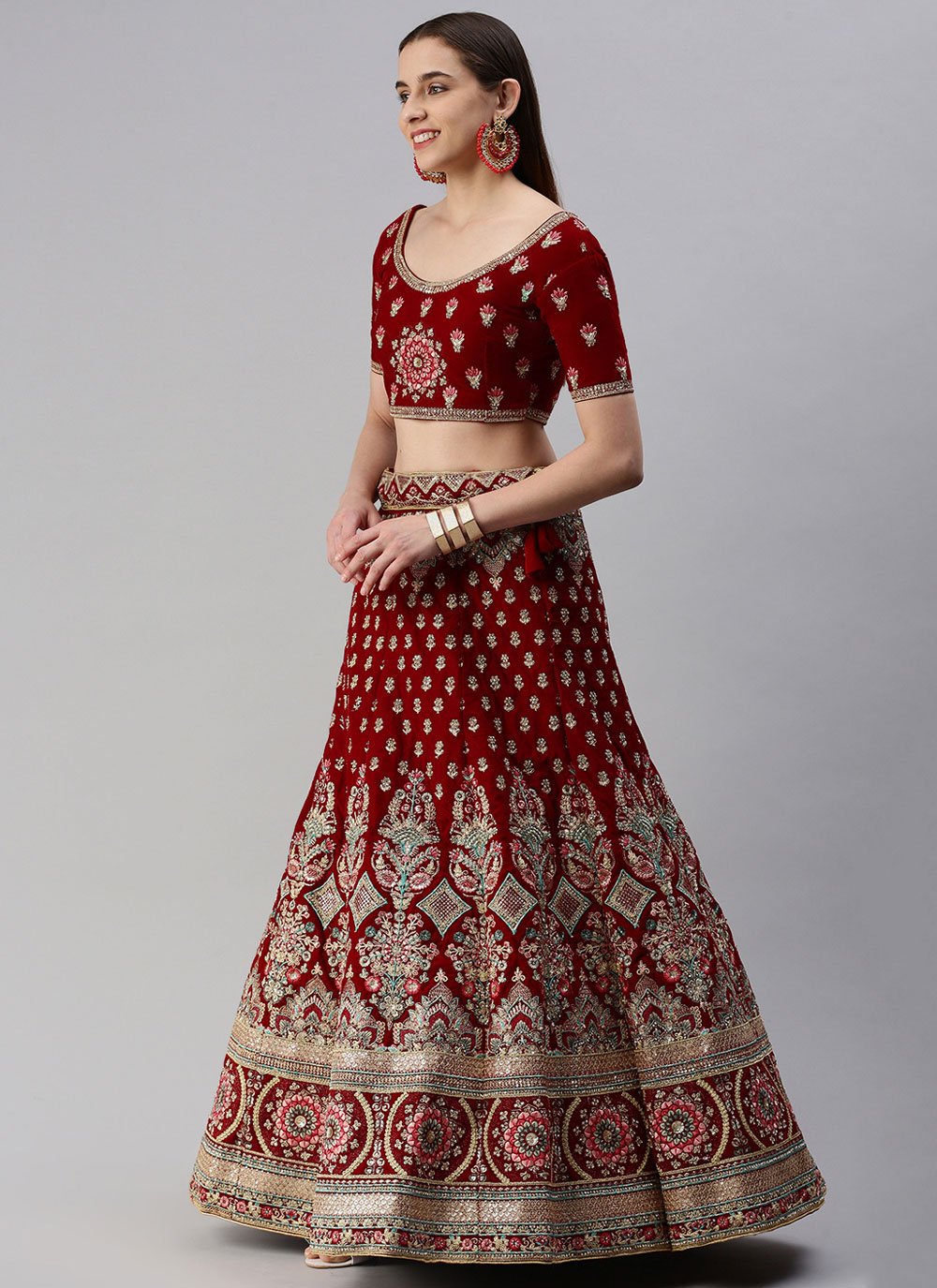 A Line Lehenga Velvet Maroon Embroidered Lehenga Choli